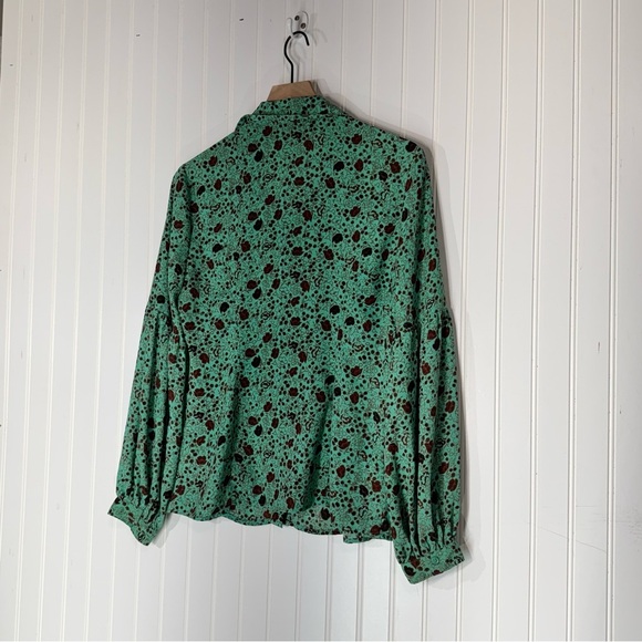 Free People Floral Ruffle Blouse M Pistachio Green Cottage Coquette Victorian - Picture 11 of 11